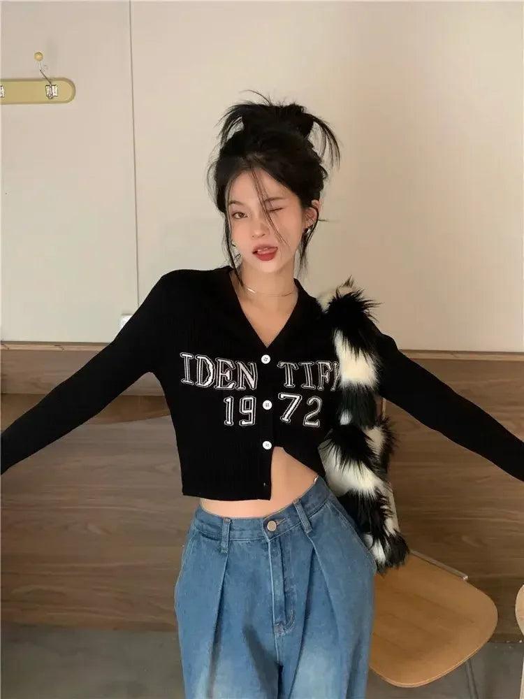 Cropped V-Neck Knit Cardigan – Slim Kpop Grunge Style