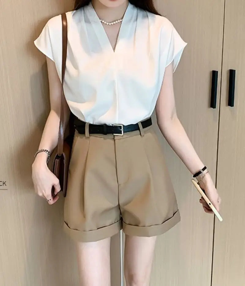 Chiffon Pullover Blouse – Short Sleeve Office Wear
