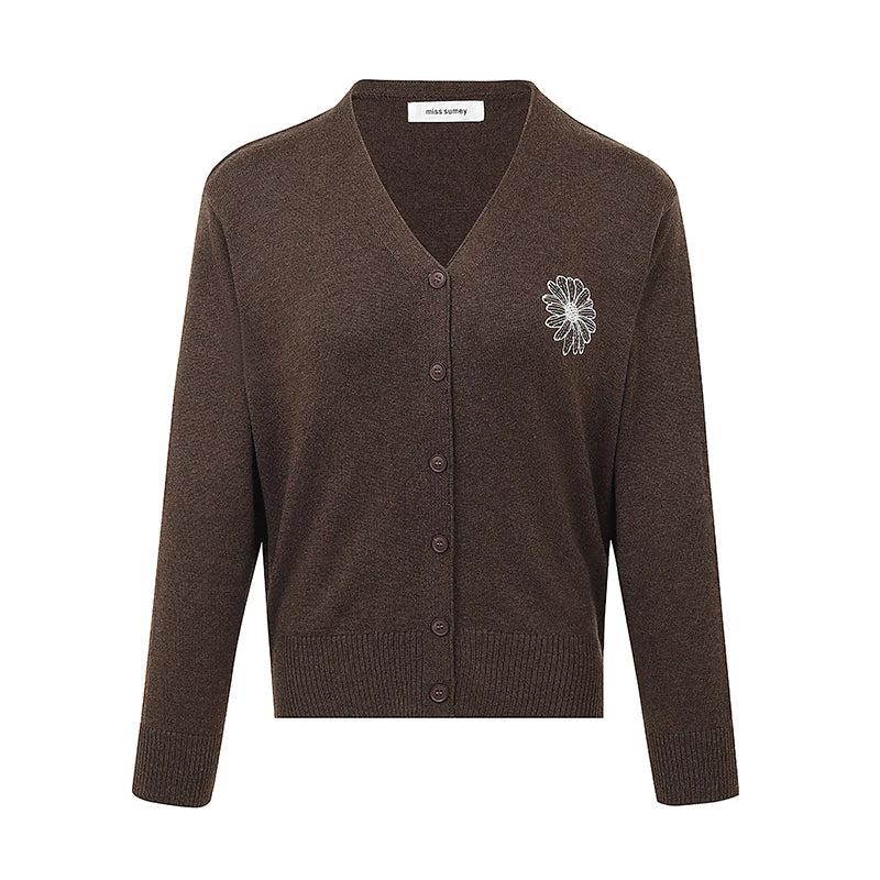 Knitted Cardigan Sweater – Long Sleeve, Embroidery Detail