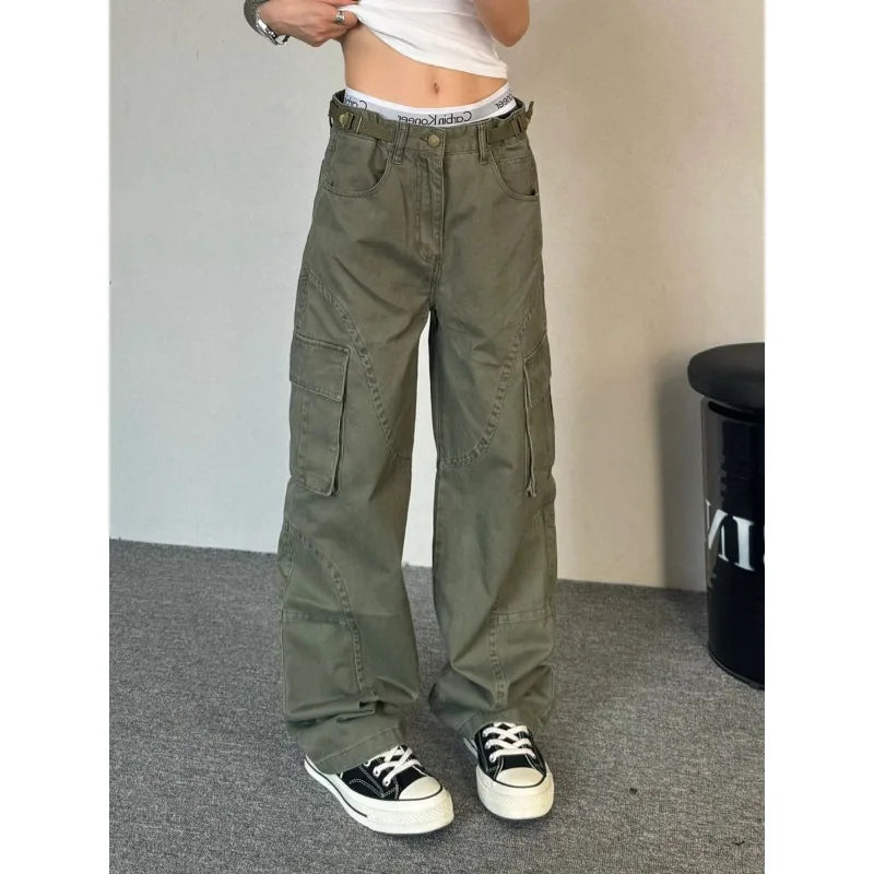 Green Vintage Cargo Pants – Multiple Pockets Baggy Hip Hop Style