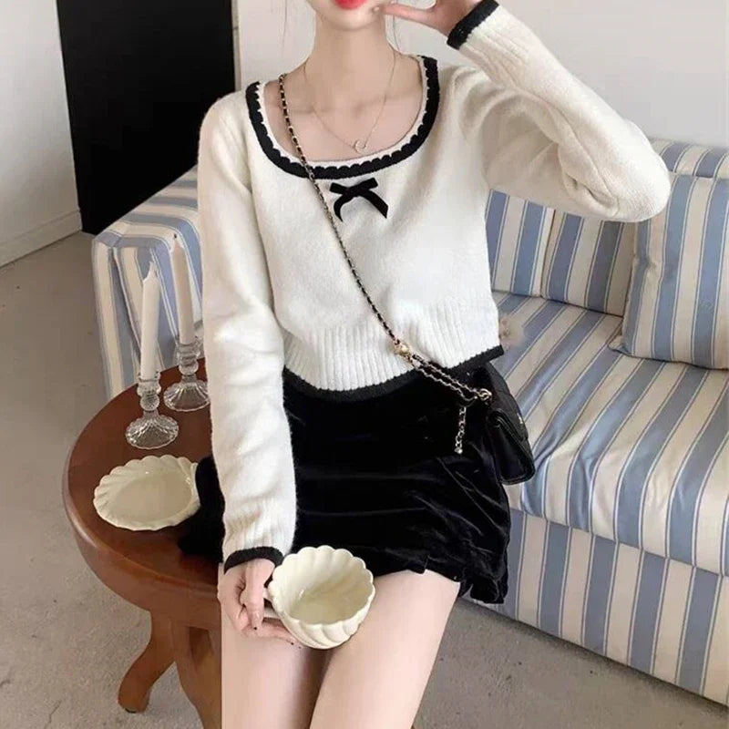 Long Sleeve Square Collar Knit Top – Cropped Fit