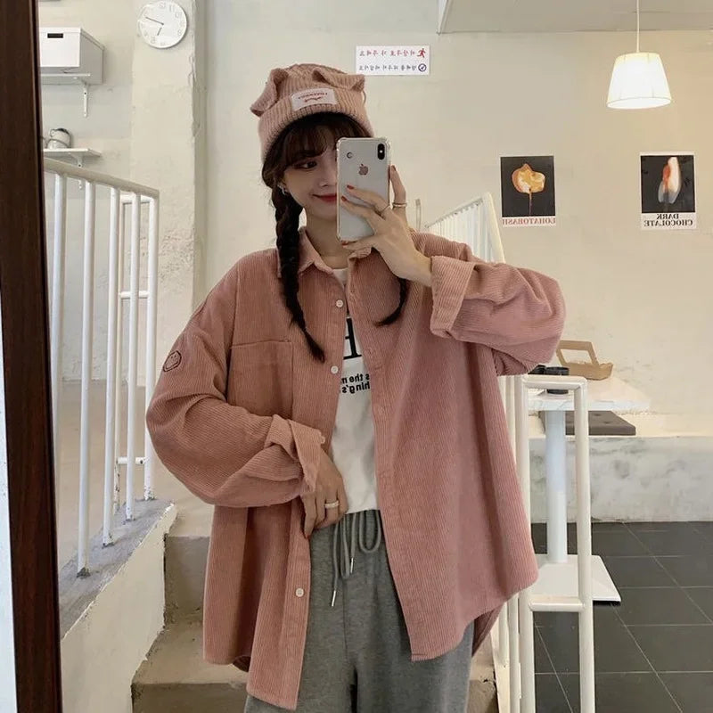 Corduroy Button-Up Long Sleeve Jacket – Loose Fit