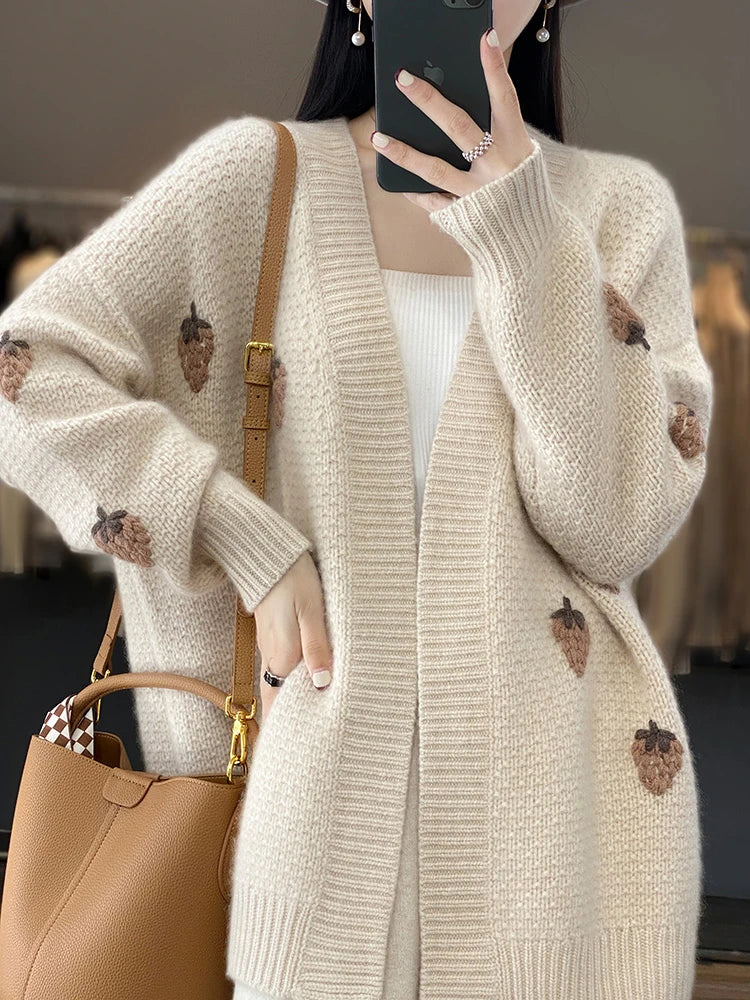 Strawberry V-Neck Knit Cardigan – Soft Embroidery Casual Outerwear