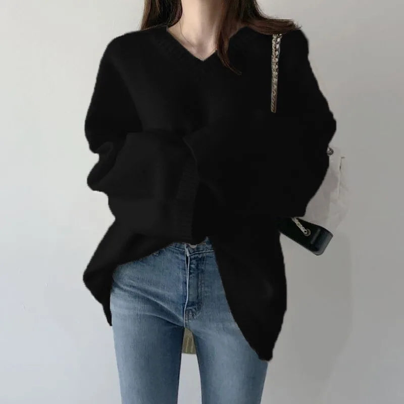 Loose V-Neck Sweater – Solid Color Knit Office Wear