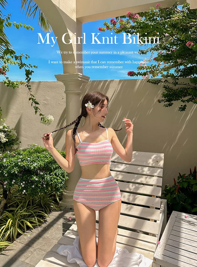 Stripe Bandeau Bikini Set – High Waist Three-Piece Swimwear