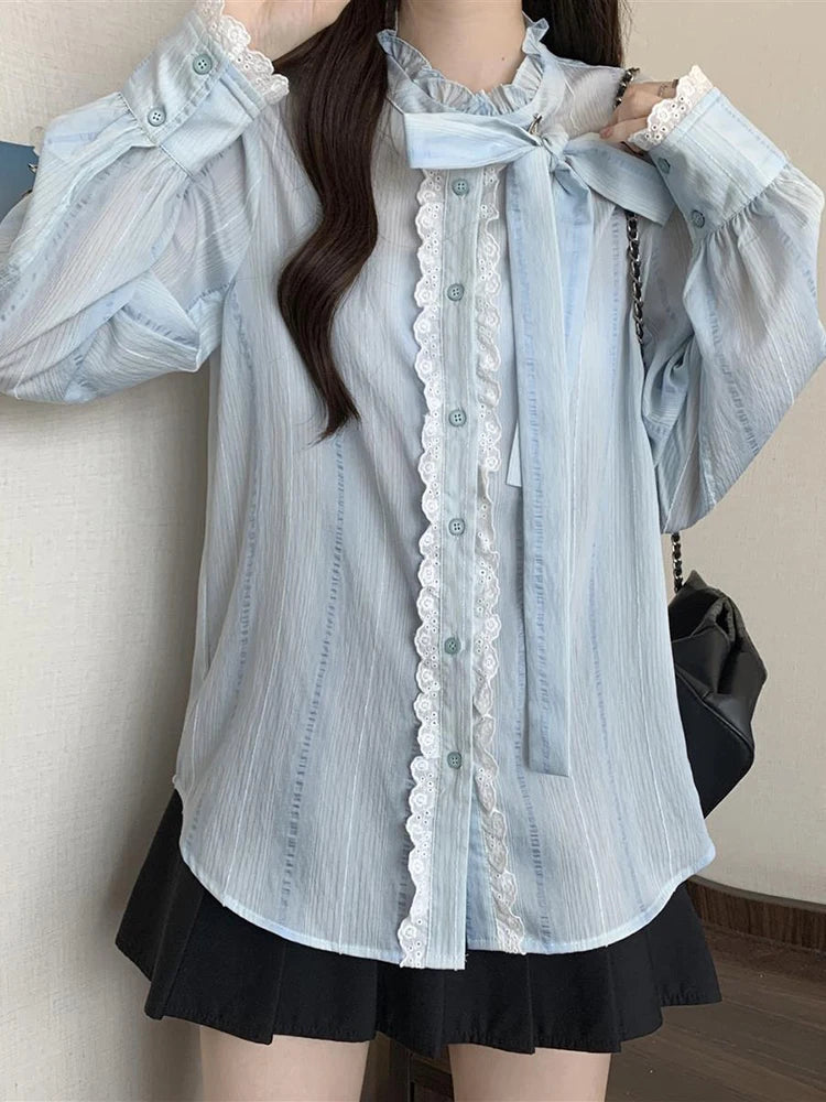 Lace Ruffle Shirt – Long Sleeve Bow Blouse