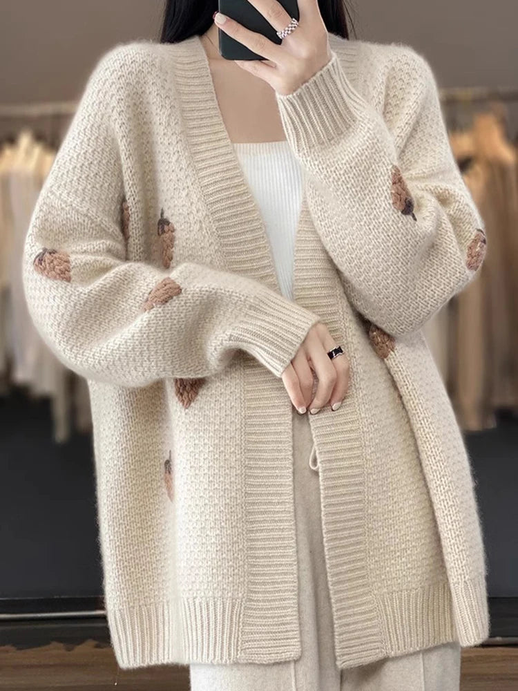 Strawberry V-Neck Knit Cardigan – Soft Embroidery Casual Outerwear