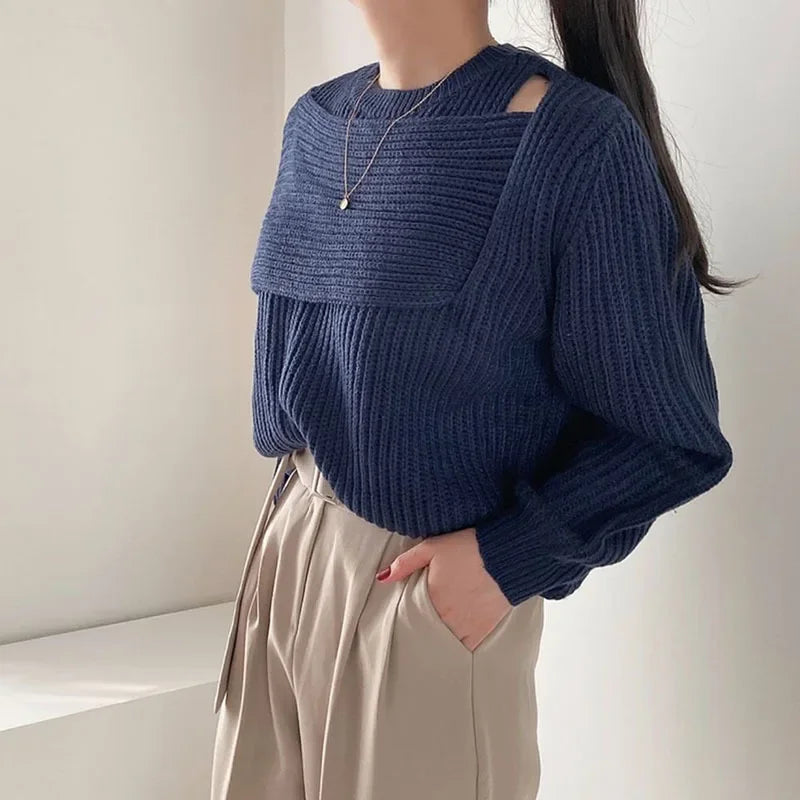 Irregular Off-Shoulder Knit Top – Round Collar Long Sleeve