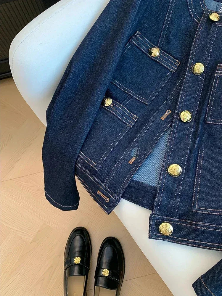 Blue Denim Short Coat – Pocket Detail & Classic Style