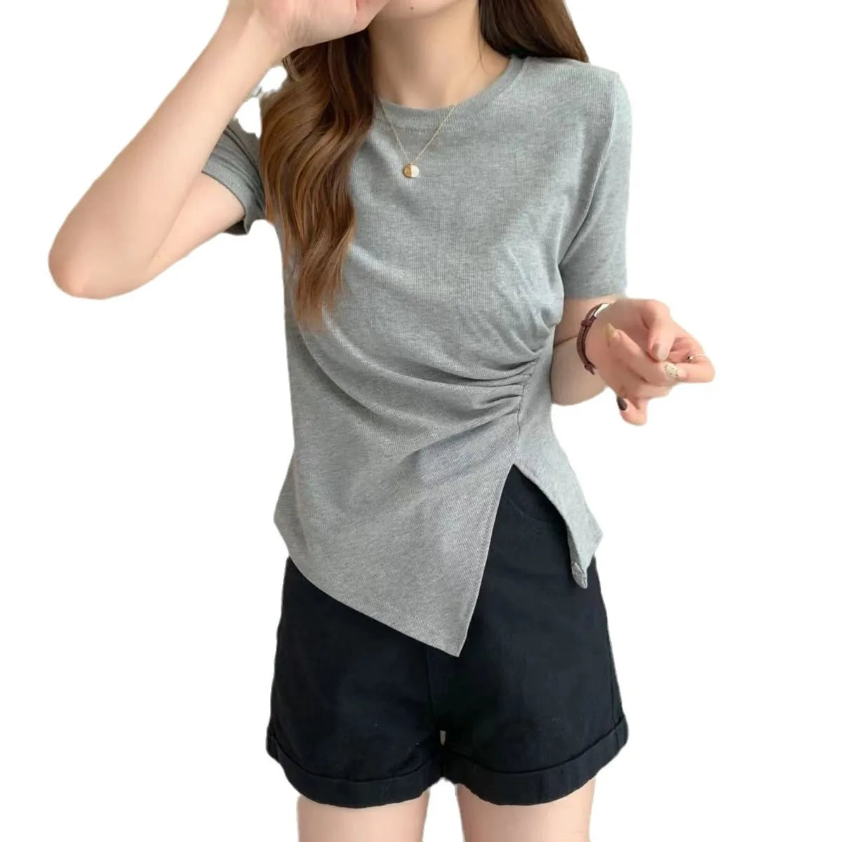 O-Neck Irregular Crop T-Shirt – Short Slit Hem Casual Top