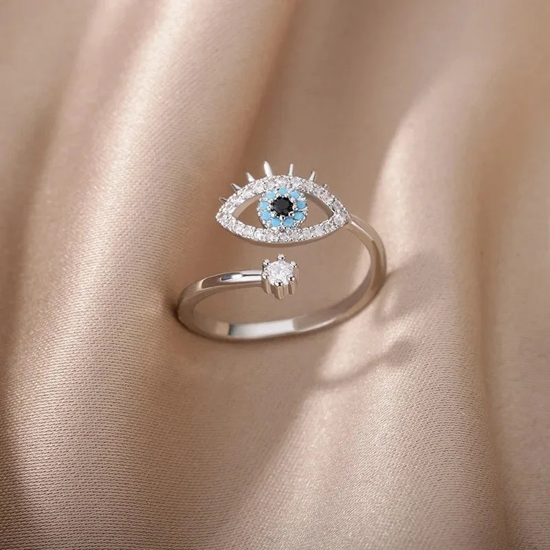 925 Silver Crystal Evil Eye Adjustable Ring