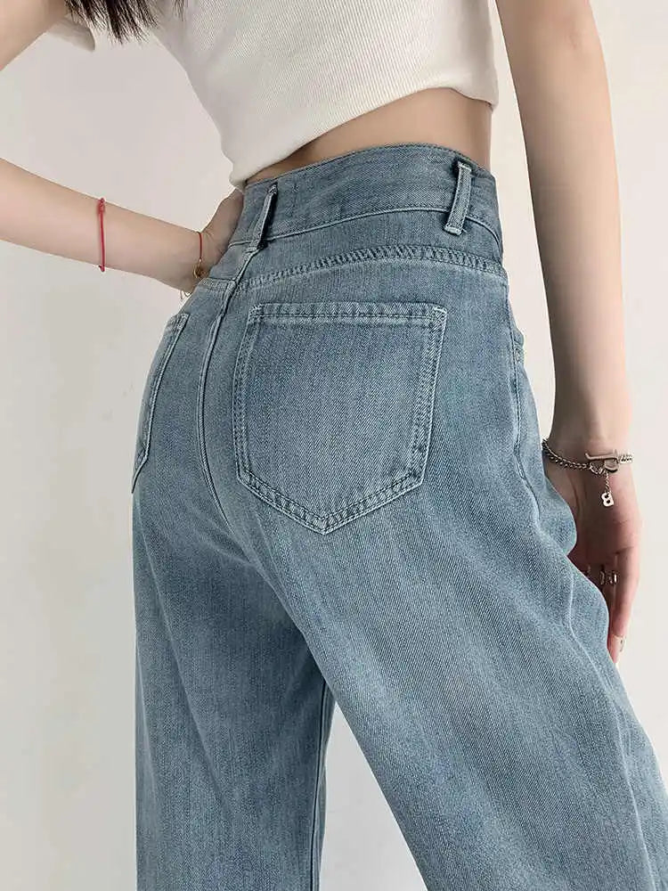 Blue Ice Silk Jeans – Thin Loose Wide Leg High Waist Denim
