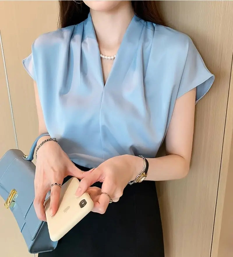 Chiffon Pullover Blouse – Short Sleeve Office Wear