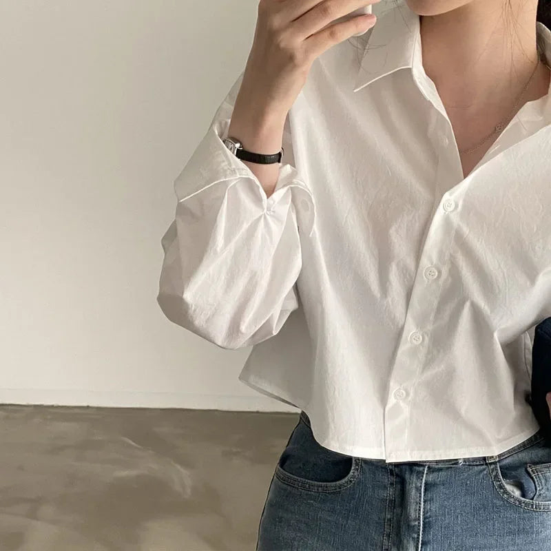 Long Sleeve White Shirt – Button Back Split Crop Design
