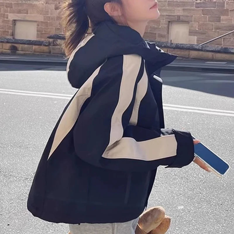 Patchwork Windbreaker – Loose Fit High Collar Hoodie