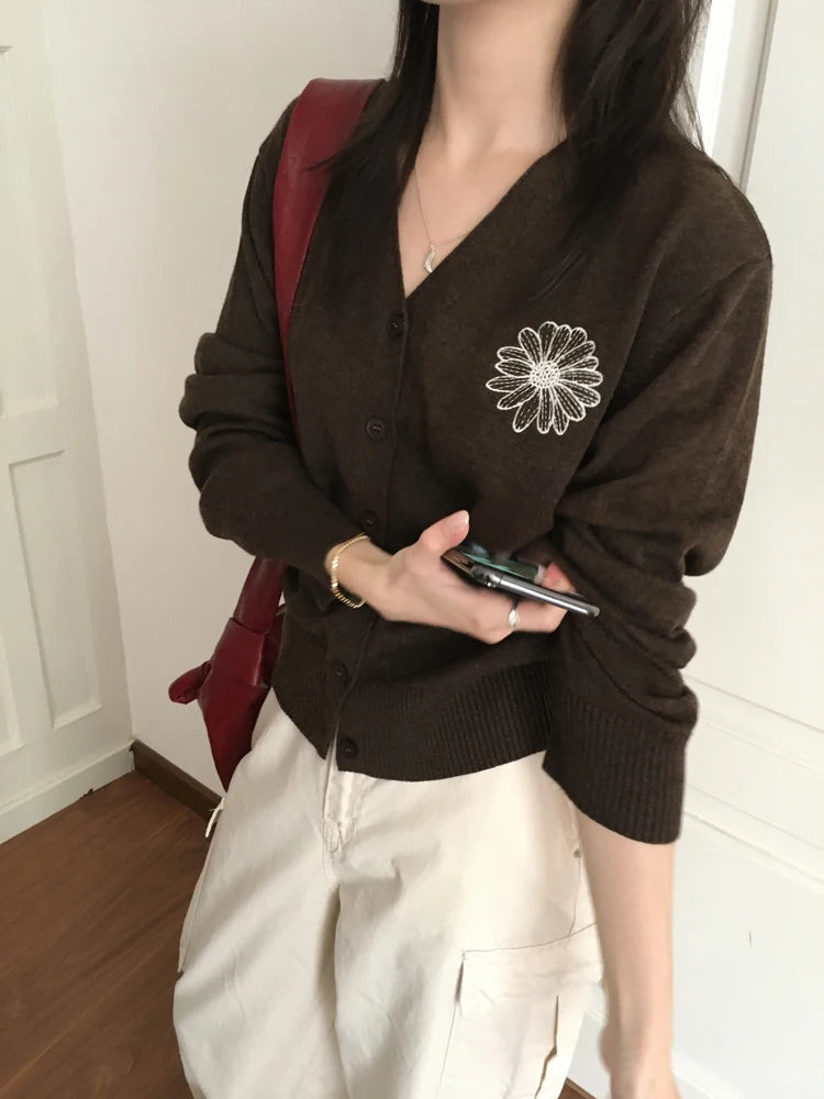 Knitted Cardigan Sweater – Long Sleeve, Embroidery Detail