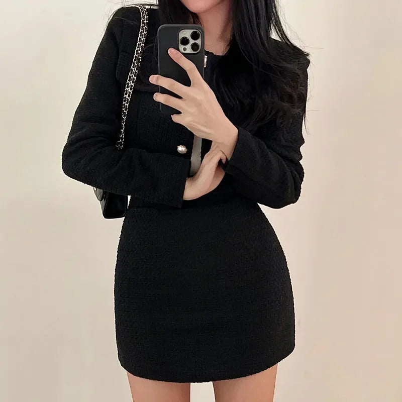 Tweed Two-Piece Set – Long Sleeve Cardigan Jacket + A-Line Mini Skirt