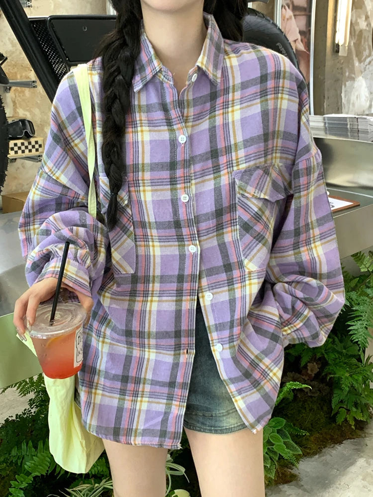 Retro Purple Plaid Oversize Blouse – Loose Street Style