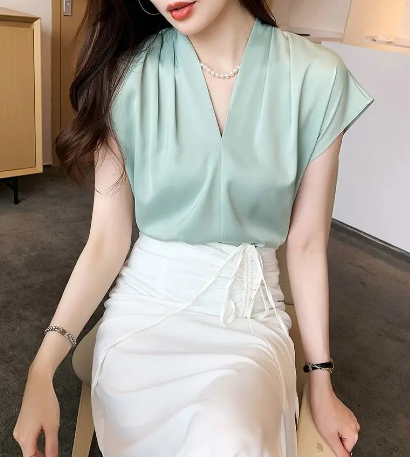 Chiffon Pullover Blouse – Short Sleeve Office Wear