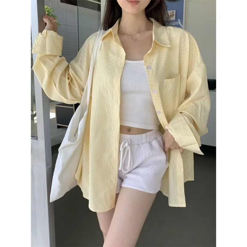 Butter Yellow Striped Shirt – Long Sleeve Loose Fit