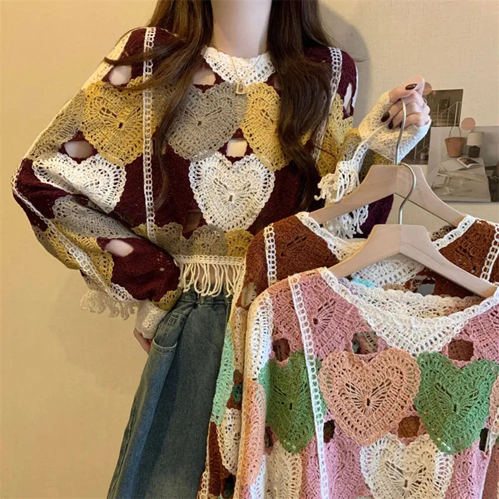 Vintage Hollow-Out Sweater – O-Neck Tassel Long Sleeve Knit Top