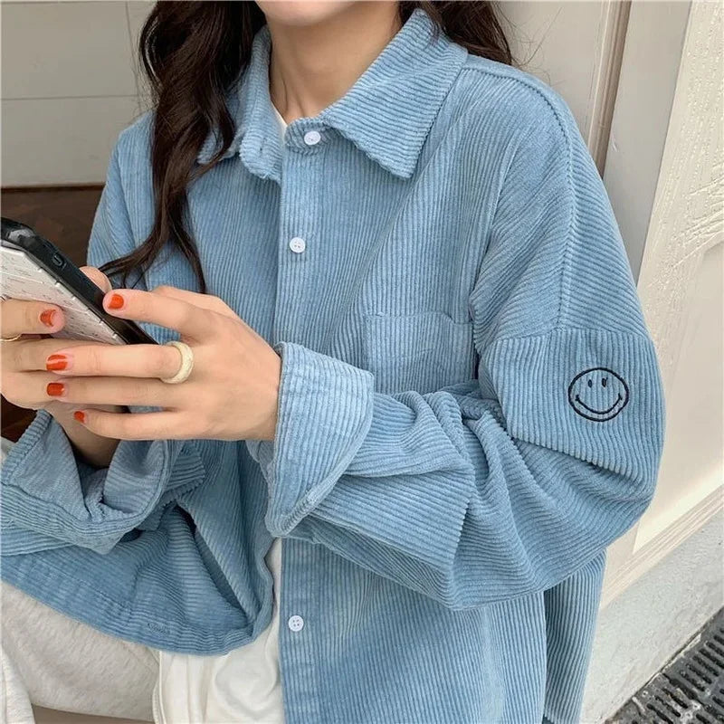 Corduroy Button-Up Long Sleeve Jacket – Loose Fit