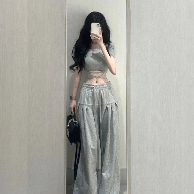 2-Piece Crop Top + Loose Trousers Set – Casual Streetwear Outfit