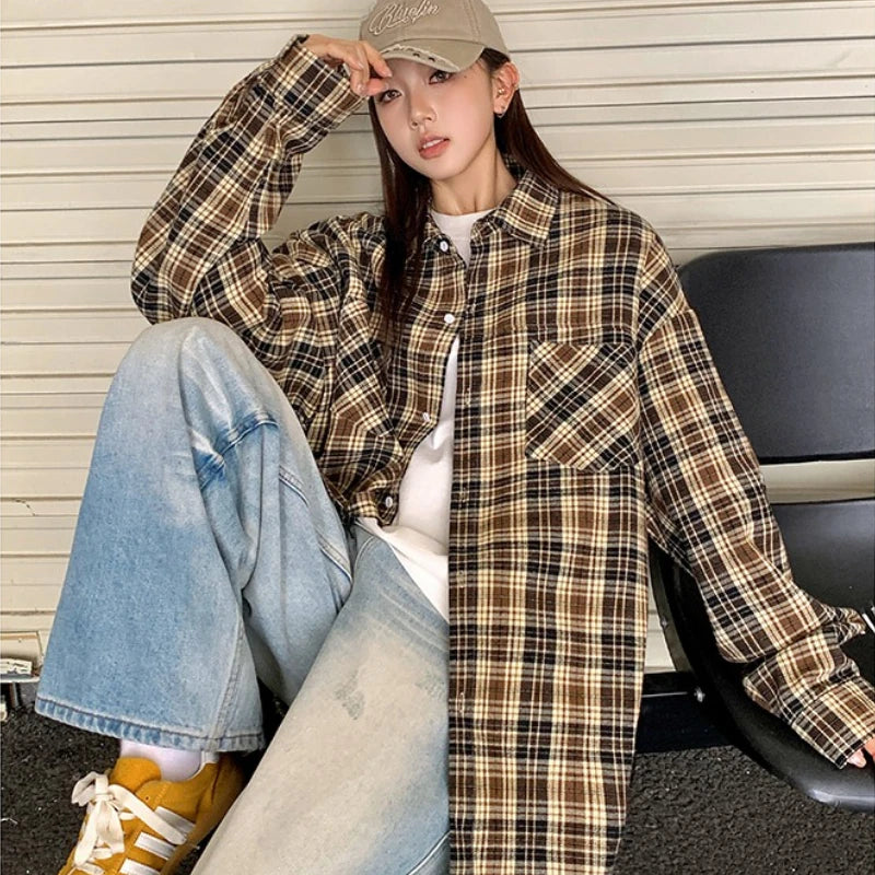 Oversized Long Sleeve Plaid Blouse – Loose & Soft
