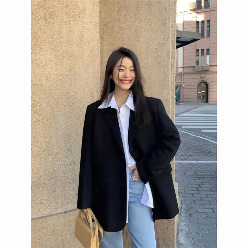 Black Suit Jacket – Long Split Back Officewear for Fall