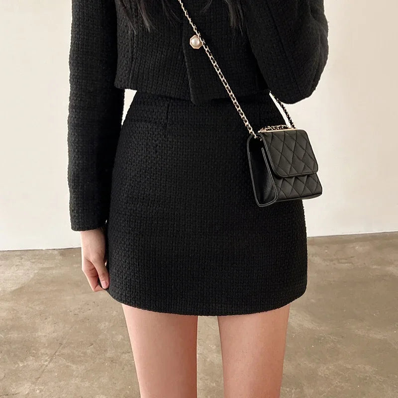 Tweed Two-Piece Set – Long Sleeve Cardigan Jacket + A-Line Mini Skirt