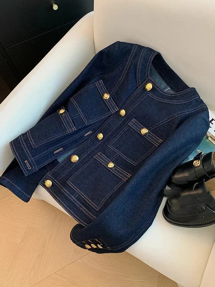 Blue Denim Short Coat – Pocket Detail & Classic Style