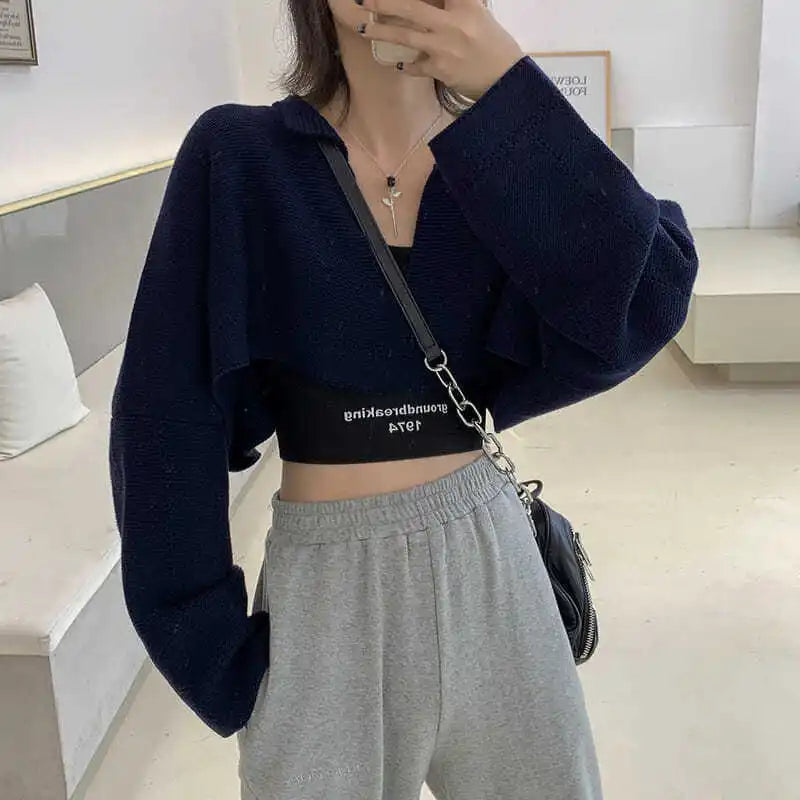 Cropped Knit Jacket – Loose Fit Retro Streetwear