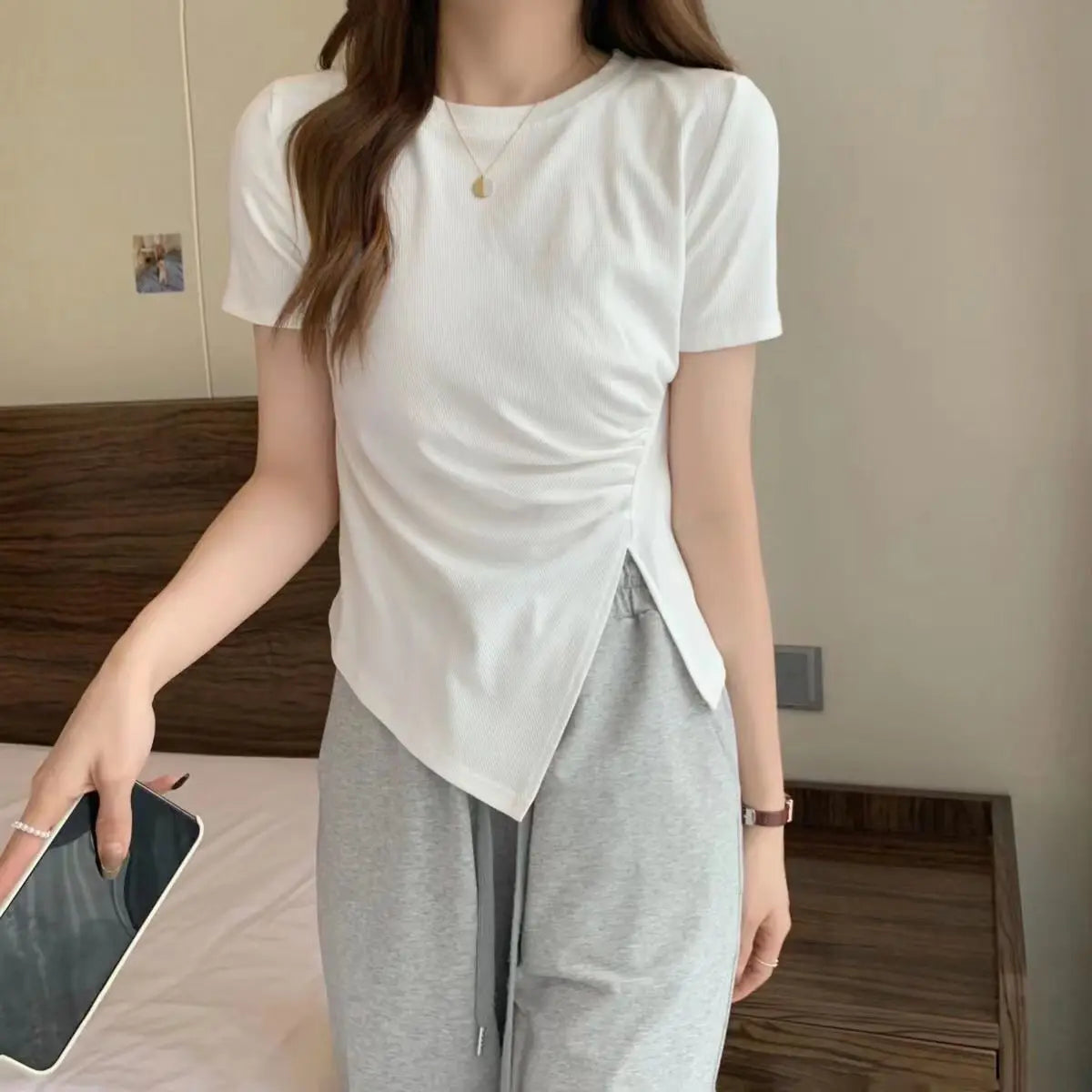 O-Neck Irregular Crop T-Shirt – Short Slit Hem Casual Top