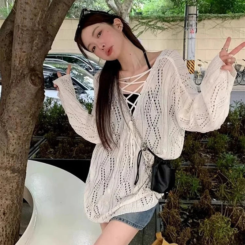 Summer Oversized Pullover – Long Sleeve Thin Knit Top