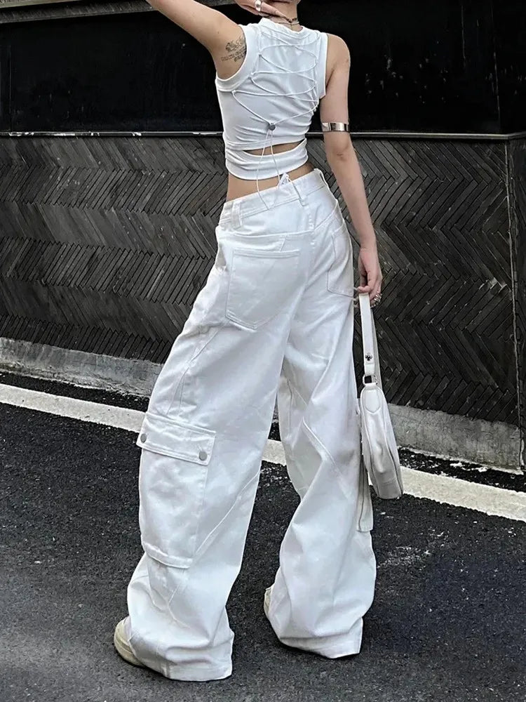 High Waist Wide Leg Cargo Jeans – Straight Casual Denim Trousers