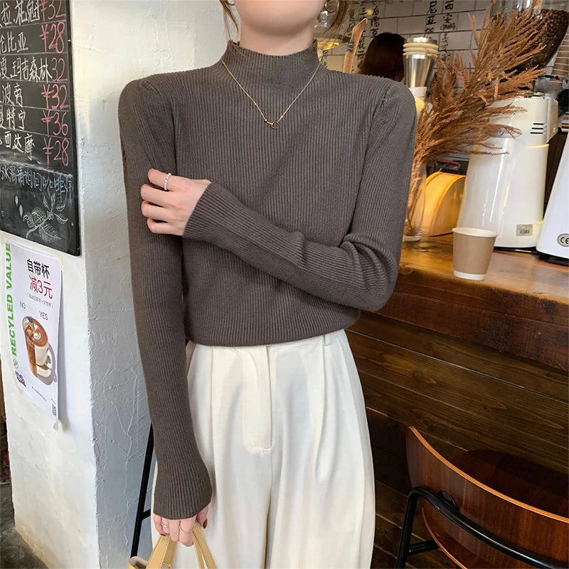 Puff Sleeve Knit Sweater – Half-High Collar, Loose Fit