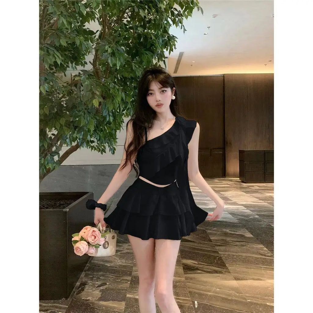 Off-Shoulder Ruffle Mini Skirt Set – Chiffon Crop Top Two-Piece