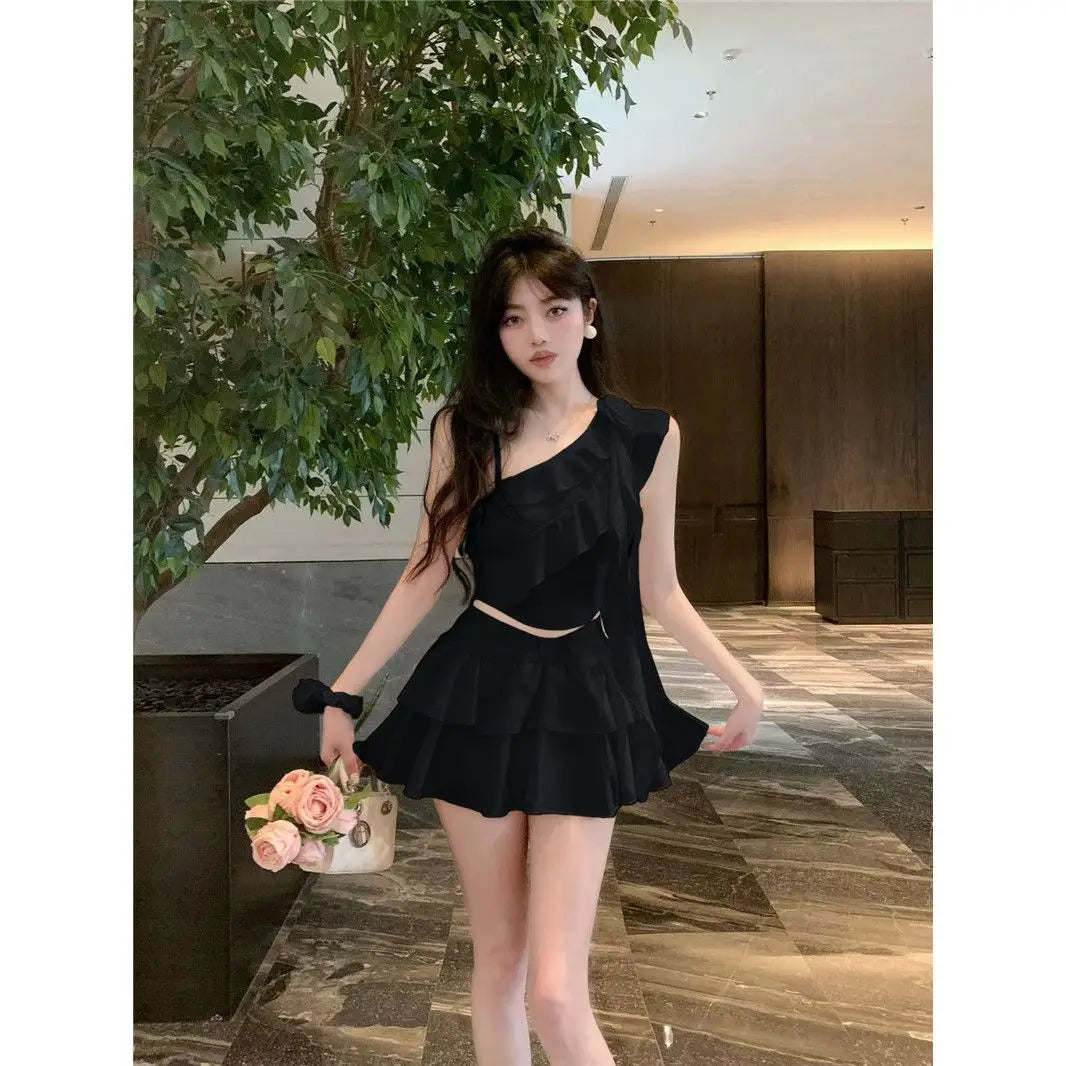 Off-Shoulder Ruffle Mini Skirt Set – Chiffon Crop Top Two-Piece