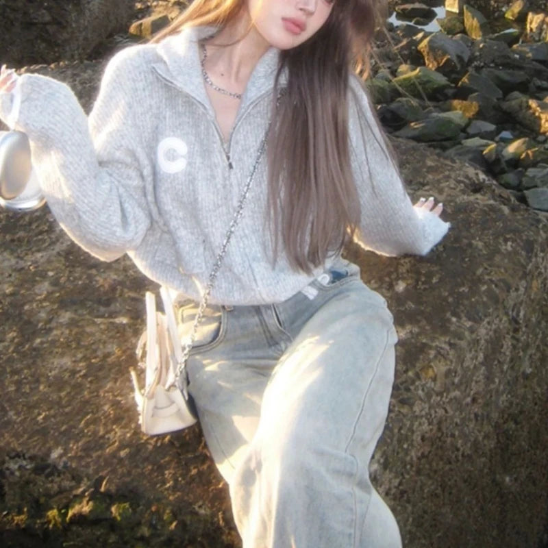 Vintage Grey Zip-Up Knit Cardigan – Cropped Loose Fit Streetwear