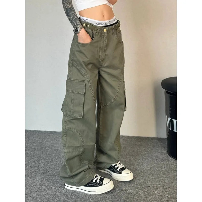 Green Vintage Cargo Pants – Multiple Pockets Baggy Hip Hop Style