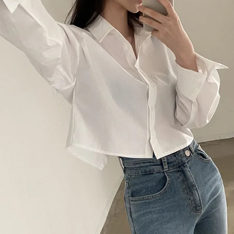 Long Sleeve White Shirt – Button Back Split Crop Design
