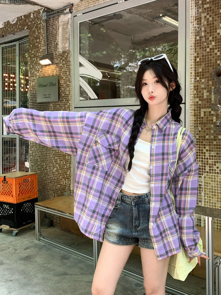 Retro Purple Plaid Oversize Blouse – Loose Street Style
