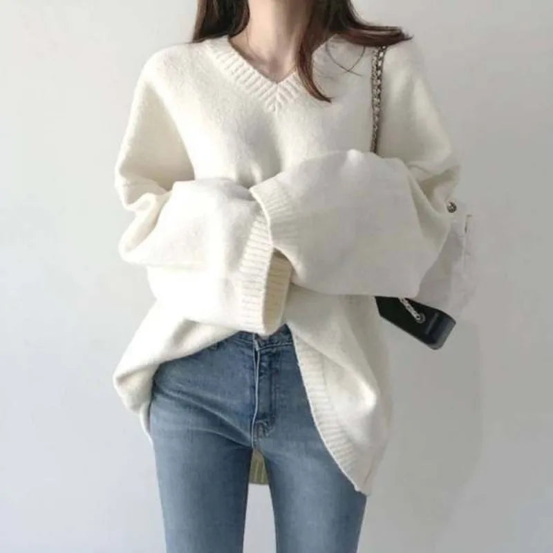 Loose V-Neck Sweater – Solid Color Knit Office Wear