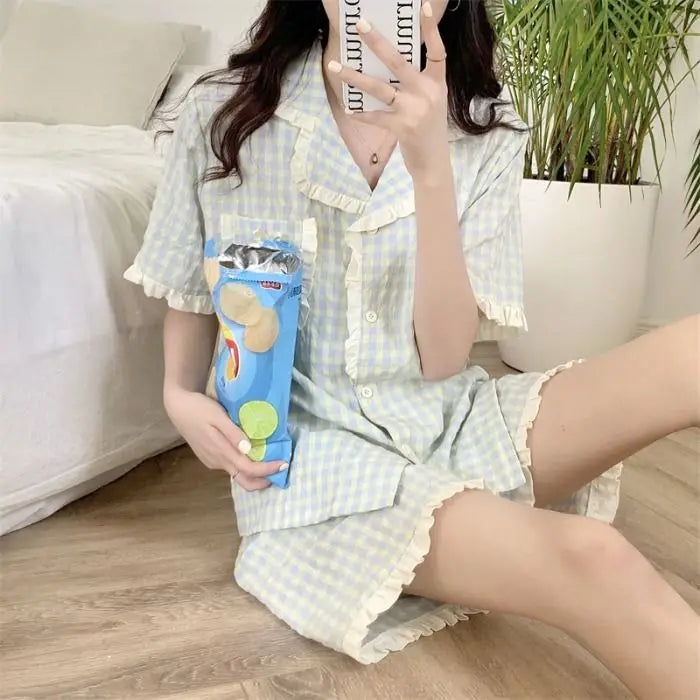 Plaid Summer Pajama Set – Short Sleeve Top & Shorts, Casual Homewear