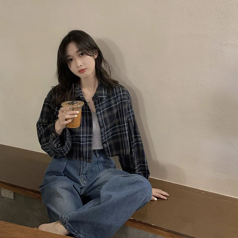 Crop Plaid Long Sleeve Shirt – Loose Fit