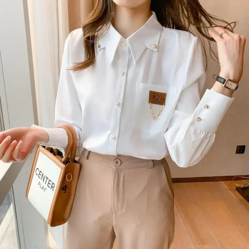 White Chiffon Shirt – Polo Neck Long Sleeve