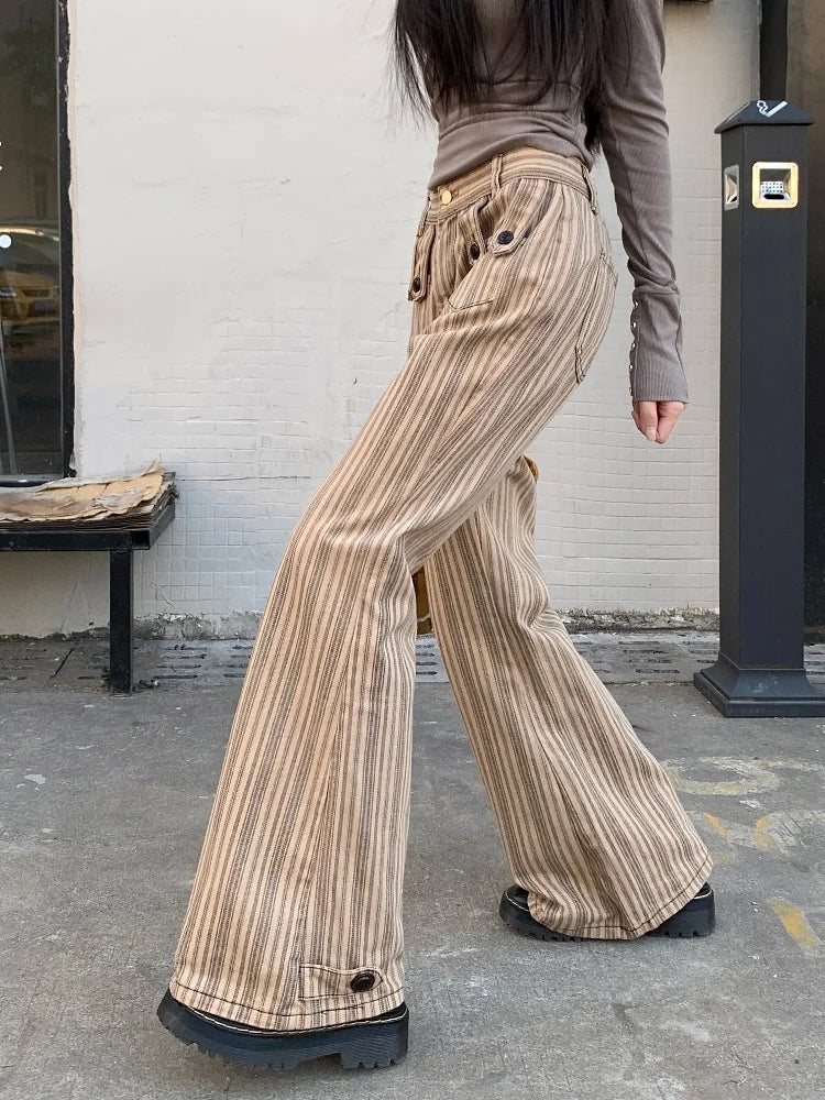 Khaki Slim Flare Jeans – High Waist Casual Pants for Women