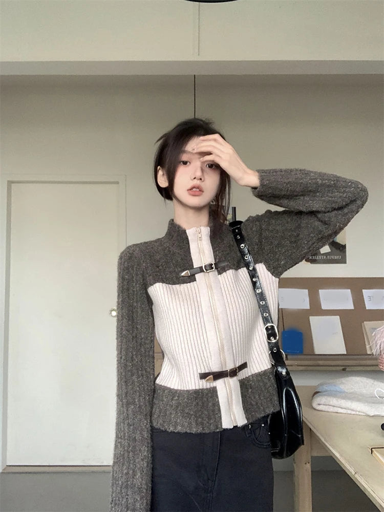Patchwork Knit Cardigan – Casual Streetwear V-Neck Top