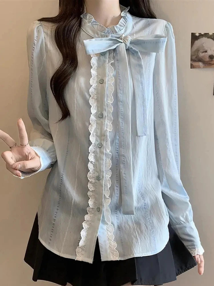 Lace Ruffle Shirt – Long Sleeve Bow Blouse