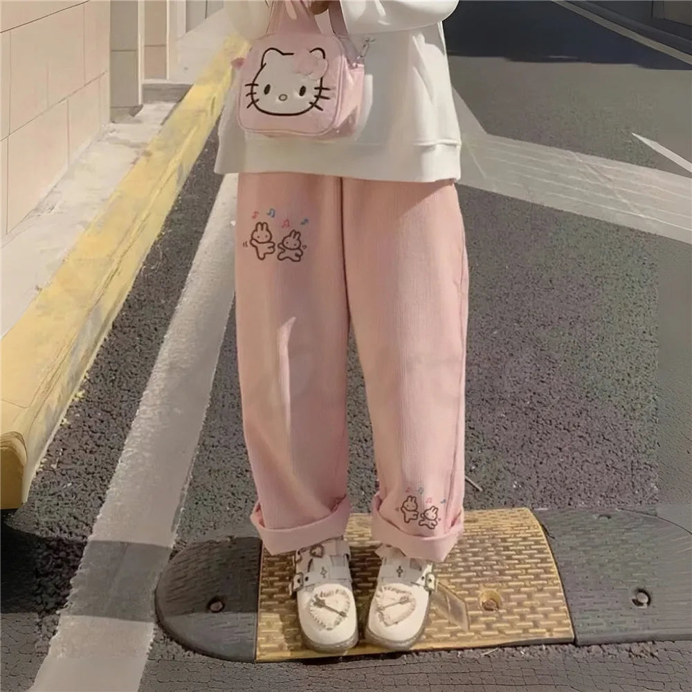 Pink Print Pants – Spring Cartoon High Waist Trousers